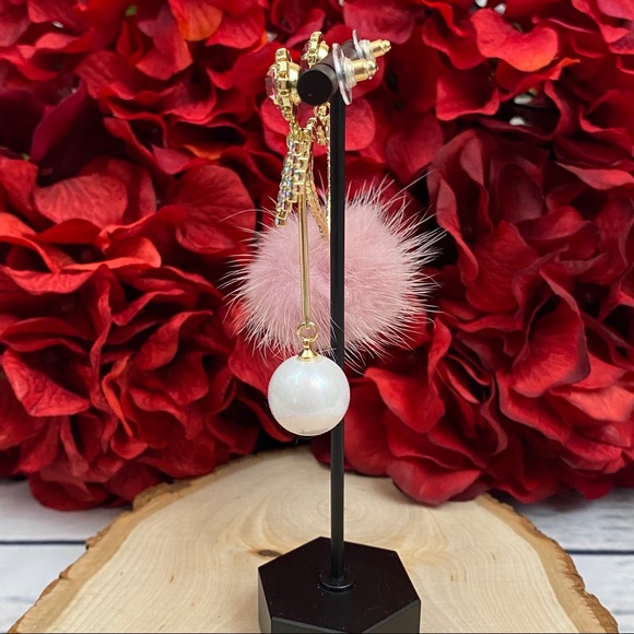 Romantic Crystal Pearl Pink Puff Pom Pom Earrings - Picture 12 of 15